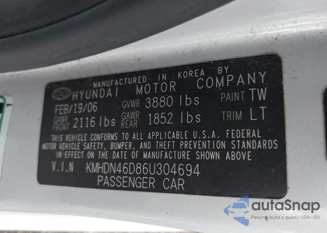 2006 Hyundai Elantra Gls/Limited z USA, uszkodzony, nr VIN KMHDN46D86U304694